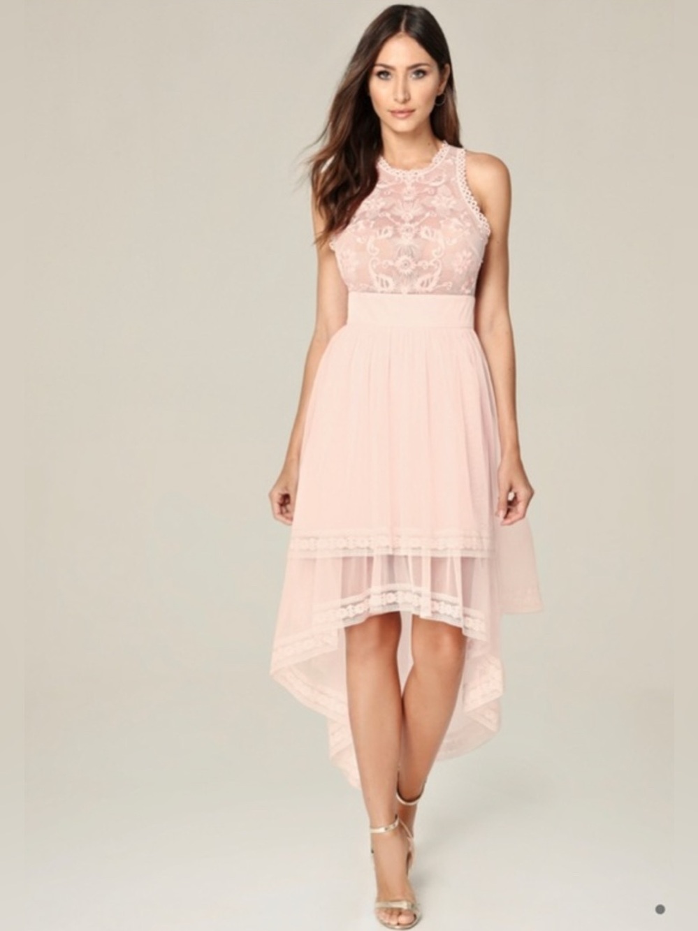 Embroidered tulle Pink Lace High-Low Party Dress. Size 12
